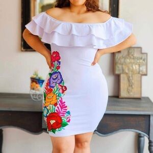 Floral Embroidered Off-Shoulder White Dress